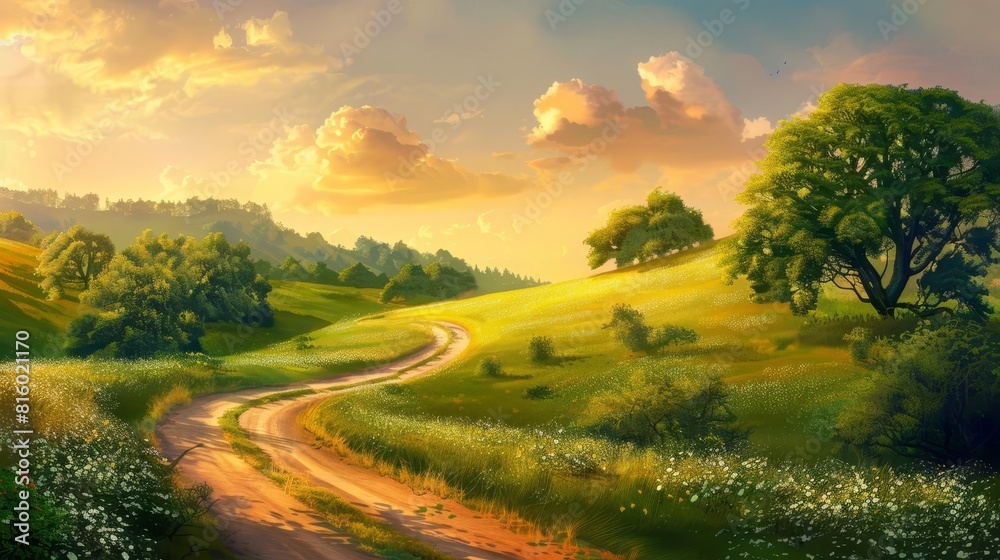 serene countryside road winding through lush green landscape under vibrant morning sky digital painting