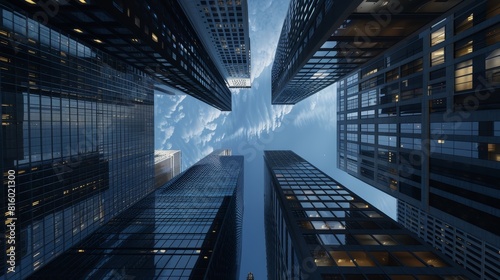 Reflective skyscraper business office buildings. Bottom up view.