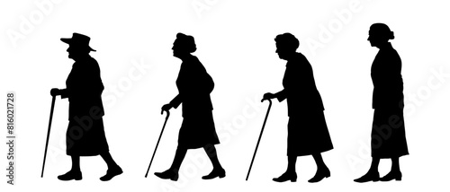Set of silhouette of old woman walking, old age, senior woman - vector illustration