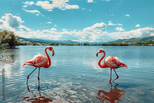 Two flamingos on the shore of a lake with mountains in the background