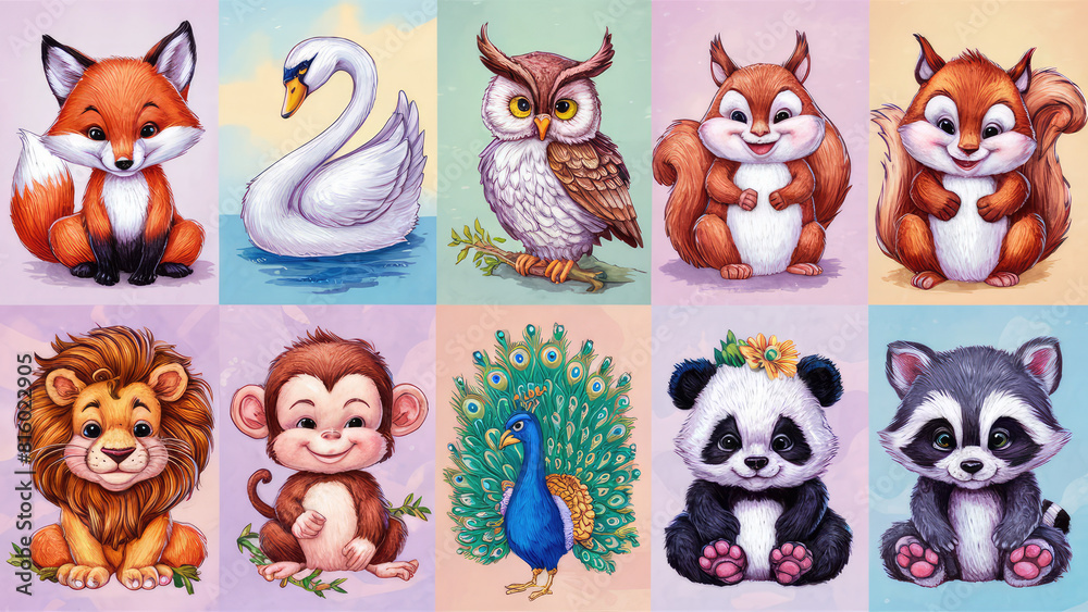 A delightful arrangement of stickers, each featuring adorable and intricately painted animals A delightful arrangement of stickers, each featuring adorable and intricately painted animals