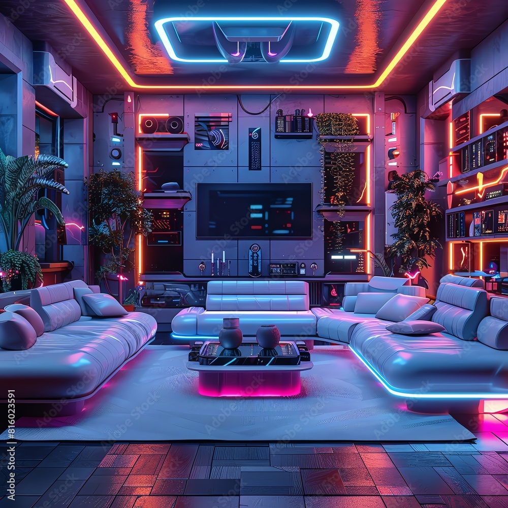 A cyberpunk podium featuring futuristic home automation gadgets, neon-lit smart devices, and tech-savvy lifestyle accessories for the connected home of the future.