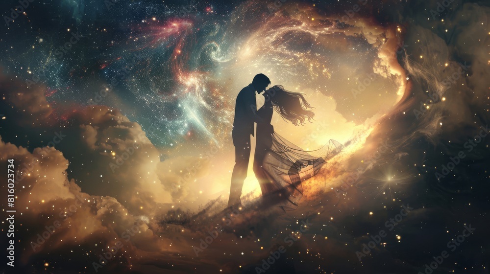 A couple is shown in a romantic scene, with the man A couple is shown in a romantic scene, with the man