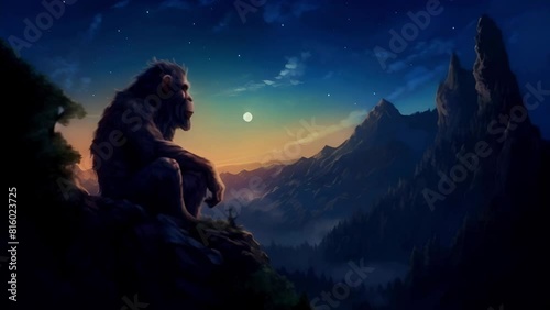 Australopithecus prehistoric man sits and looks at the sunset high in the mountains photo