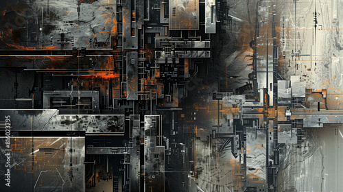 Architectural Abstract in Black and Orange with Urban Details