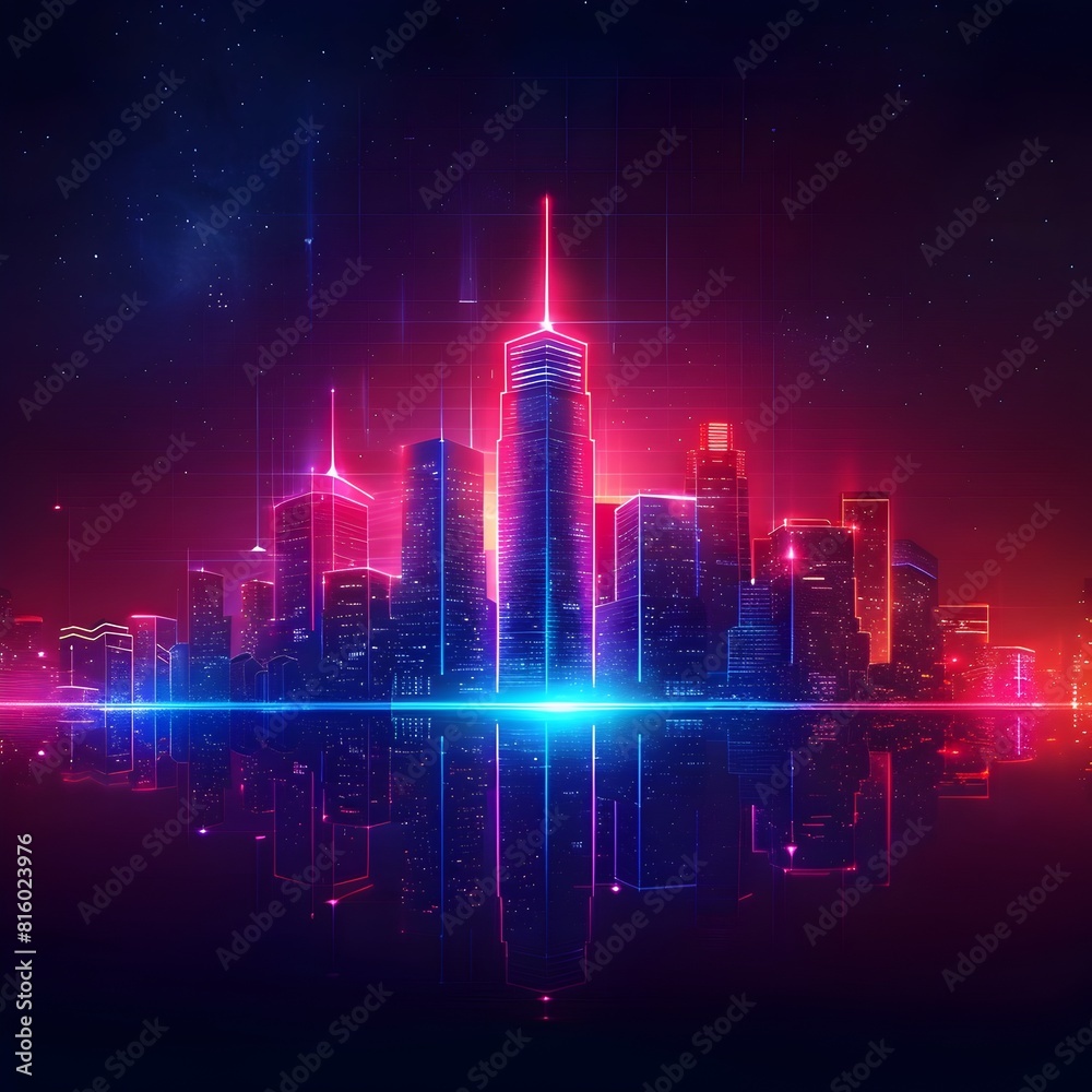 Neon Lit Skyline of a Futuristic Metropolis with Glowing Skyscrapers and Reflective Cityscape