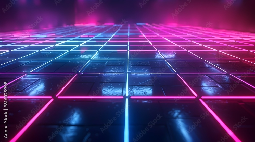 Glowing Neon Grid Backdrop for Showcasing Futuristic Gadgets and Digital Products Ideal for Conceptual Imagery and Visually Striking Presentations