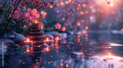 Zen stones with candles and pink flowers at dusk