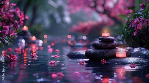 Soothing zen stones with candles and pink flowers