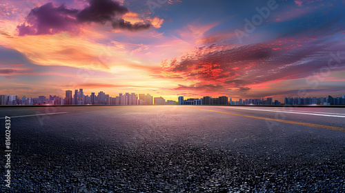 Fototapeta Naklejka Na Ścianę i Meble -  Round asphalt road and city skyline with colorful sky clouds at sunset : Generative AI