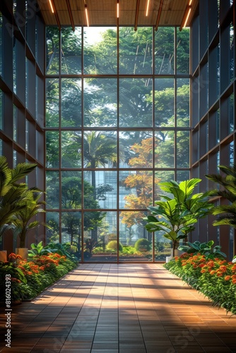 Sunny building interior with plants. © grigoryepremyan