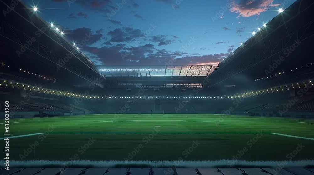 An empty stadium at dusk, spectacular lighting, shadows and reflections on the field
An empty stadium at dusk, spectacular lighting, shadows and reflections on the field