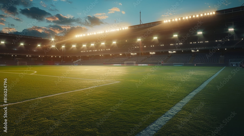 An empty stadium at dusk, spectacular lighting, shadows and reflections on the field
An empty stadium at dusk, spectacular lighting, shadows and reflections on the field