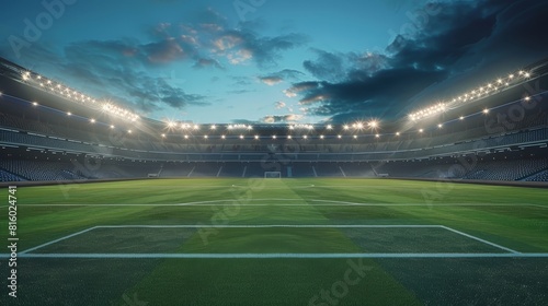 An empty stadium at dusk  spectacular lighting  shadows and reflections on the field 