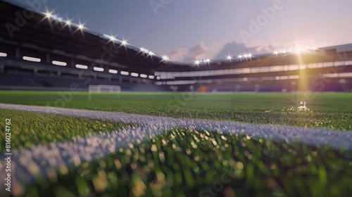 An empty stadium at dusk, spectacular lighting, shadows and reflections on the field 