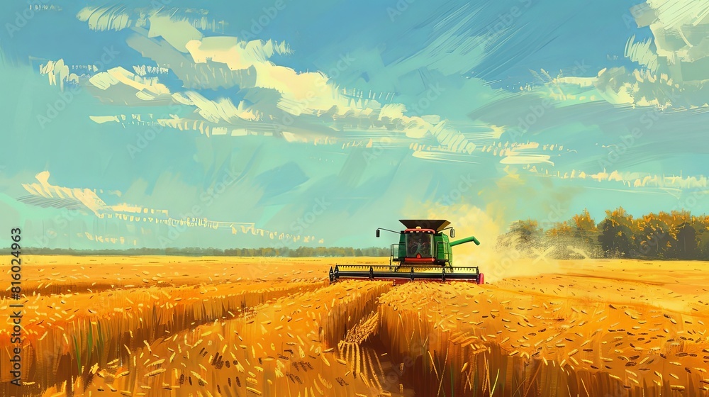 Naklejka premium combine harvester, harvesting a wheat field, in the style of The New Yorker art