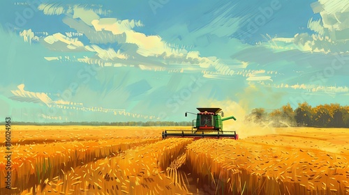 combine harvester, harvesting a wheat field, in the style of The New Yorker art photo