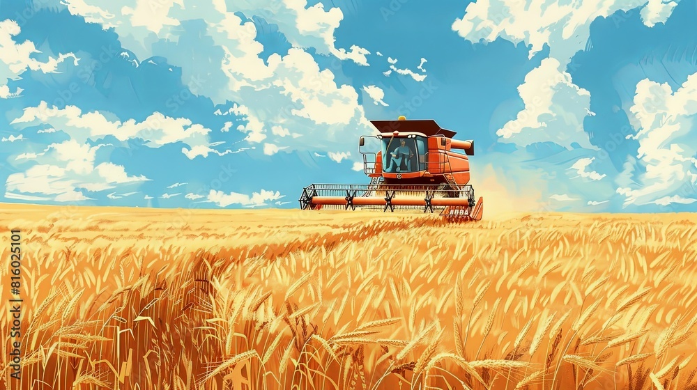 Fototapeta premium combine harvester, harvesting a wheat field, in the style of The New Yorker art