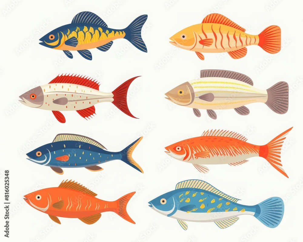 Fish species flat design side view tropical waters theme cartoon drawing Analogous Color Schem