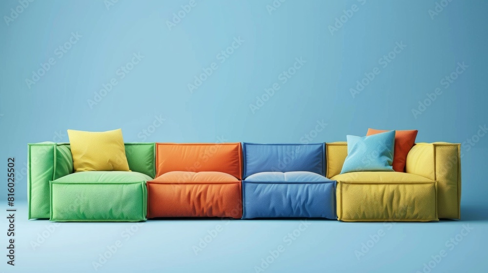Fototapeta premium A colorful modular sofa with green, orange, blue, and yellow sections against a light blue background