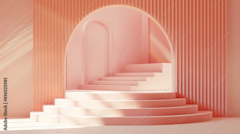 Obraz premium A minimalist, pastel-colored architectural interior with a curved staircase and archway. The design features soft pink hues and clean lines, creating a serene and modern atmosphere