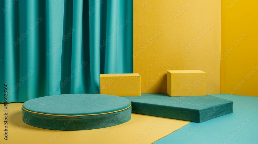A minimalist geometric scene with teal and yellow platforms and curtains A minimalist geometric scene with teal and yellow platforms and curtains