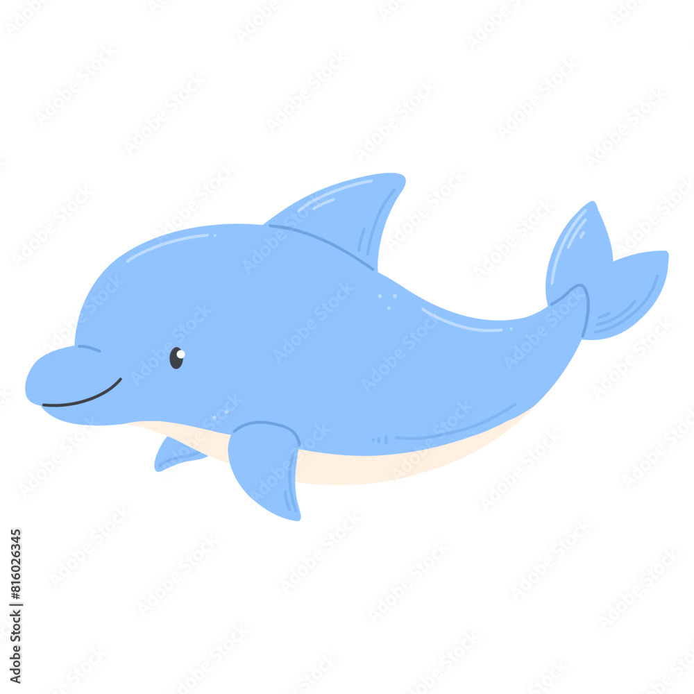 Dolphin in a cute cartoon style isolated on white. Vector illustration with a blue smiling dolphin Dolphin in a cute cartoon style isolated on white. Vector illustration with a blue smiling dolphin