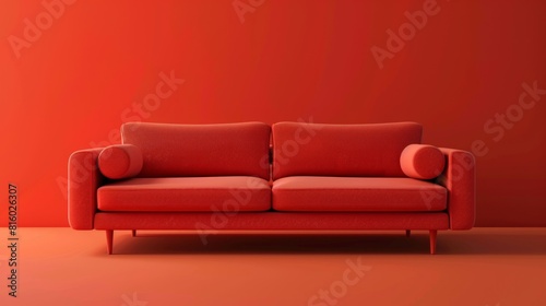 A modern red sofa with cylindrical pillows against a matching red wall in a minimalist setting © Sohaib q