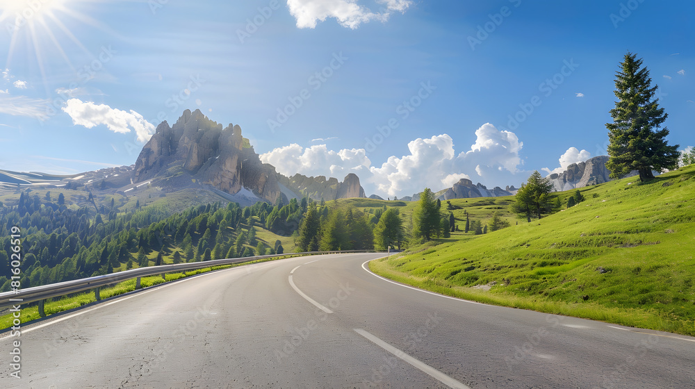 Naklejka premium Road in mountains at sunny day in summer Dolomites Italy Beautiful roadway green tress high rocks blue sky with clouds Landscape with empty highway through the mountain pass in spring : Generative AI