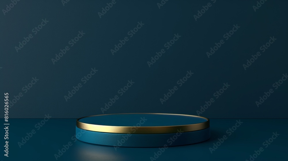 A minimalist blue and gold podium against a dark blue background, suitable for product display or presentation A minimalist blue and gold podium against a dark blue background, suitable for product display or presentation
