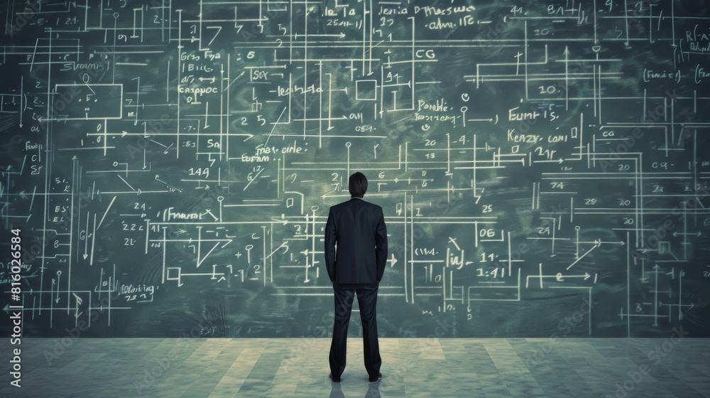 A daunting task, finding a solution a concept. A young businessman stands in front of a dark wall scribbled with complex calculations. A daunting task, finding a solution a concept. A young businessman stands in front of a dark wall scribbled with complex calculations.
