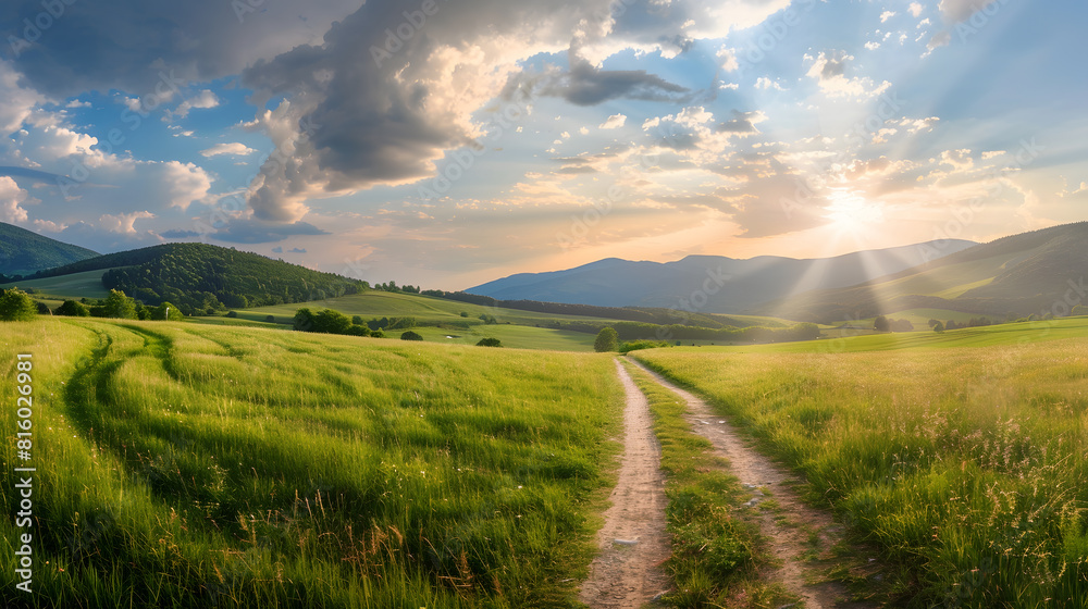 Obraz premium Beautiful summer mountain rural landscape Panorama of summer green field with dirt road and Sunset cloudy sky : Generative AI