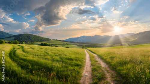 Beautiful summer mountain rural landscape Panorama of summer green field with dirt road and Sunset cloudy sky   Generative AI