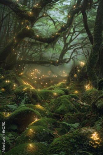 A mystical fairy tale forest illuminated by twinkling fairy lights  with moss-covered rocks  gnarled trees  and hidden glens.