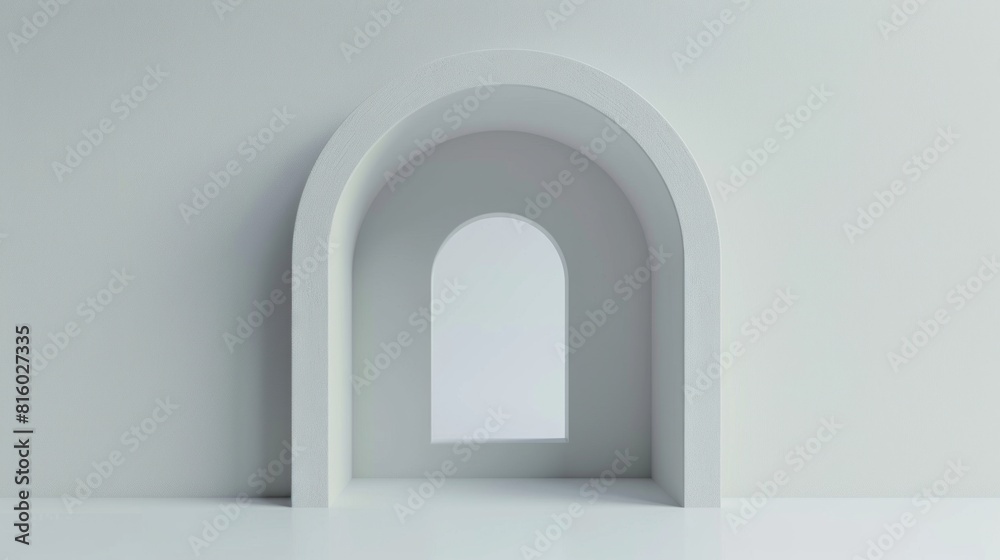 A minimalist architectural design featuring a white archway and a smaller arched window. The background is a smooth, light gray, creating a serene and modern aesthetic. The scene emphasizes simplicity