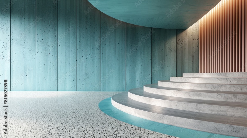Modern interior with curved staircase and turquoise walls Modern interior with curved staircase and turquoise walls