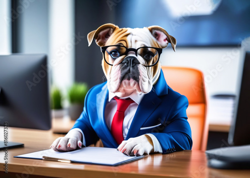 French bulldog dog in a business suit and glasses sits at an office desk in office