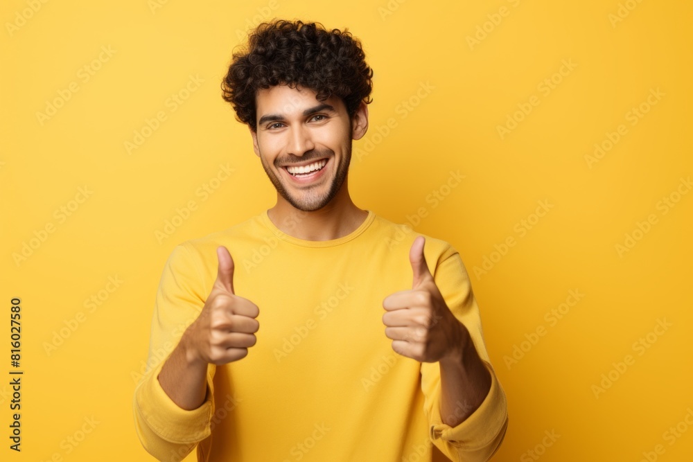 Portrait of a smiling man in his 20s showing a thumb up on soft yellow background Portrait of a smiling man in his 20s showing a thumb up on soft yellow background