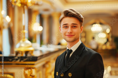 Attractive smiling young male administrator greeting guests at reception desk of fashionable hotel