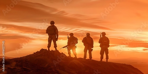 Three armed soldiers stand on hill in desert at sunset. Concept Military  Soldiers  Sunset  Desert  Teamwork