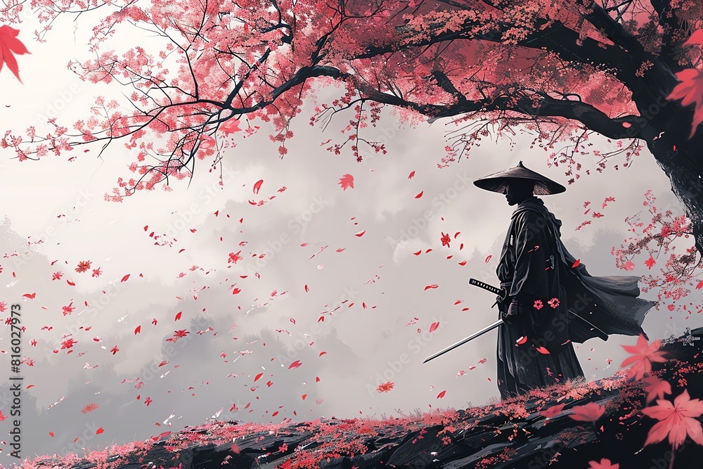 Convey the quiet strength of a lone samurai standing against a backdrop ...