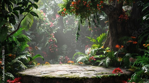 Fototapeta Naklejka Na Ścianę i Meble -  The lush green foliage of the jungle surrounds a clearing with a stone platform. Perfect for product placement or a relaxing yoga session.