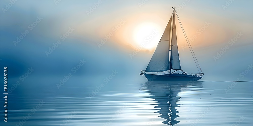 Fototapeta premium Sailboat with sails open against misty sunrise on calm waters. Concept Sailboat Photography, Sunrise Captures, Misty Atmosphere, Water Reflections, Serene Morning