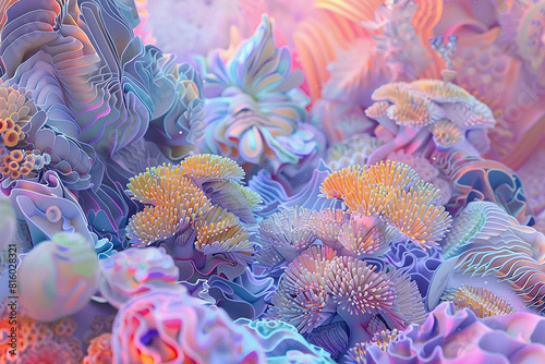 A digital reinterpretation of underwater coral formations  with intricate patterns and vibrant colors reminiscent of a psychedelic dreamscape.