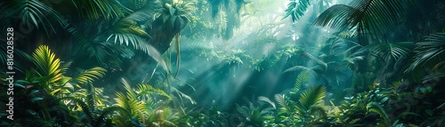 Illuminate the hidden depths of a dense jungle, where secrets lurk beneath the canopy photo