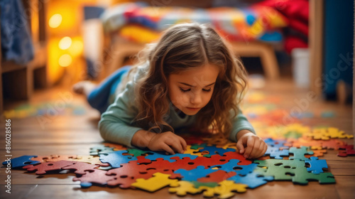 Girl child playing with colorful puzzles on the floor n kids' room. Puzzles as symbol for autism spectrum disorder. Autistic children 