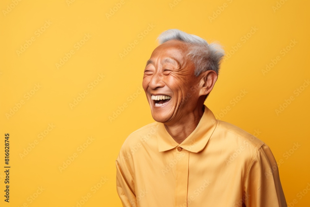 Portrait of a blissful asian elderly man in his 90s laughing in soft yellow background