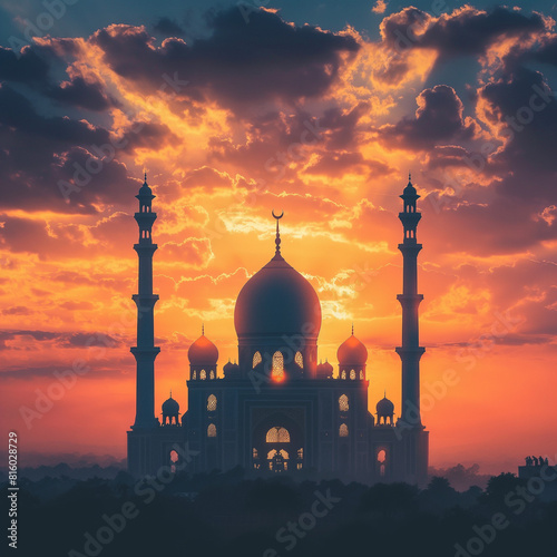 mosque at sunset with colorful evening view