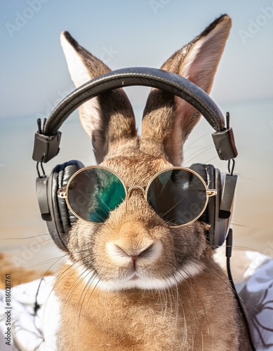 Gros plan d'une tete de lapin portant un casque musical et des lunettes de soleil_