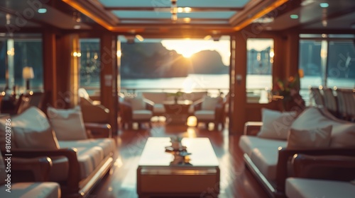 selective focus luxurious blur view living room on cruise ship voyage with river or ocean coastal view, Generative Ai